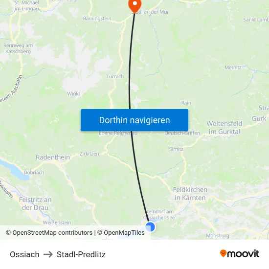 Ossiach to Stadl-Predlitz map