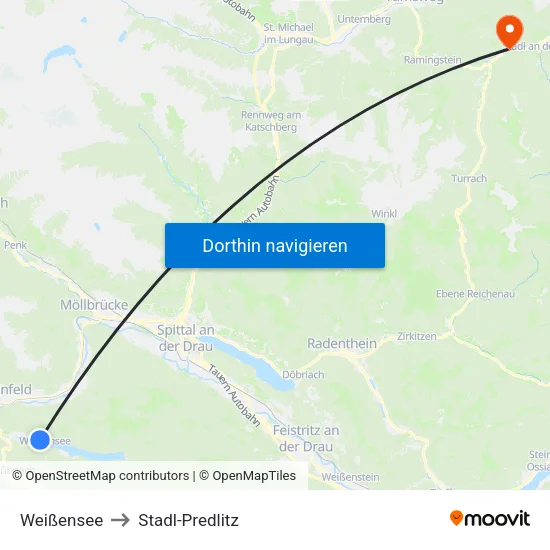 Weißensee to Stadl-Predlitz map