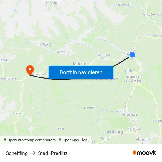 Scheifling to Stadl-Predlitz map