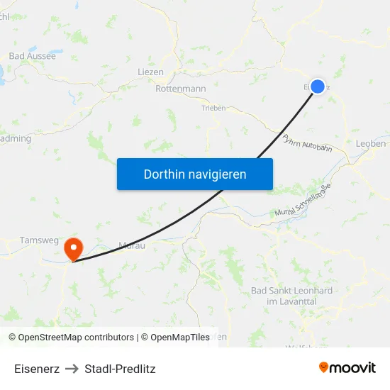 Eisenerz to Stadl-Predlitz map