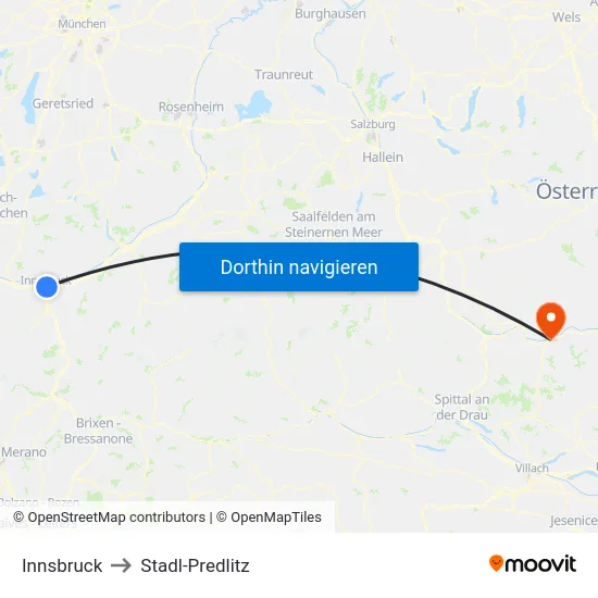 Innsbruck to Stadl-Predlitz map