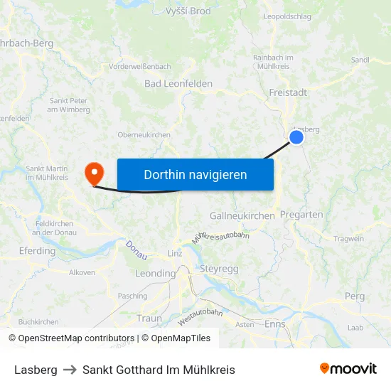 Lasberg to Sankt Gotthard Im Mühlkreis map