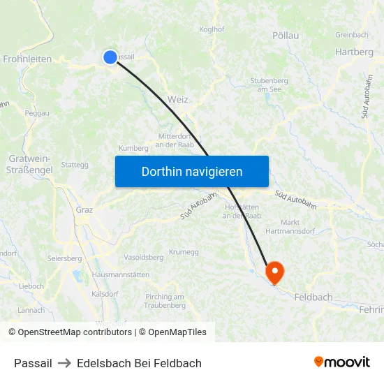 Passail to Edelsbach Bei Feldbach map