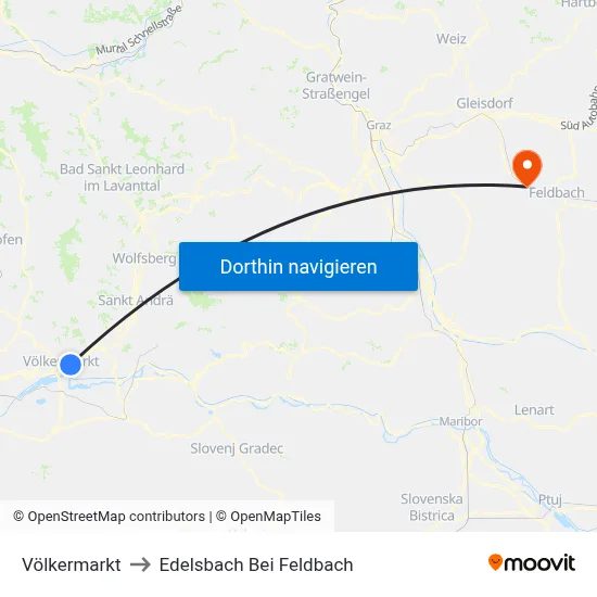 Völkermarkt to Edelsbach Bei Feldbach map