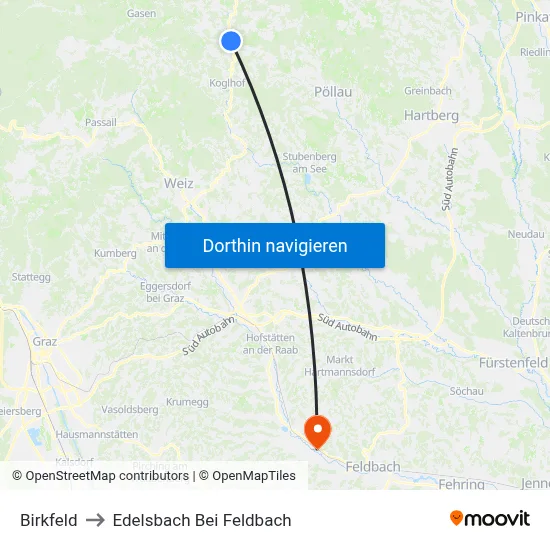 Birkfeld to Edelsbach Bei Feldbach map