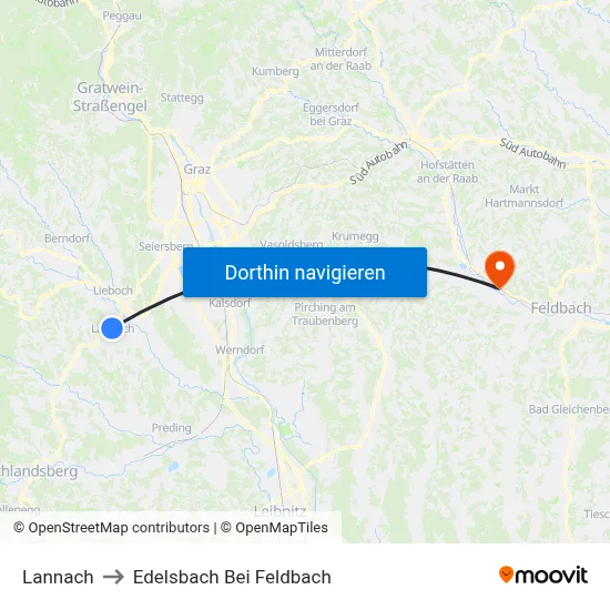 Lannach to Edelsbach Bei Feldbach map
