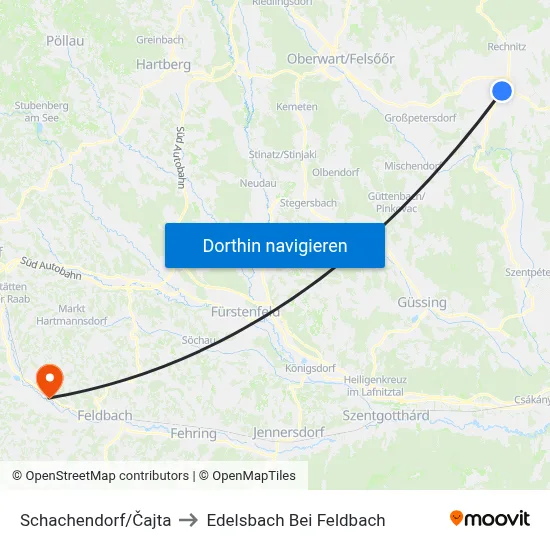 Schachendorf/Čajta to Edelsbach Bei Feldbach map