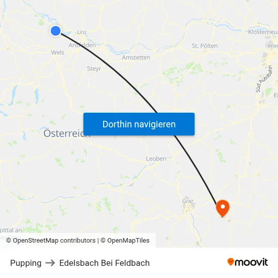 Pupping to Edelsbach Bei Feldbach map
