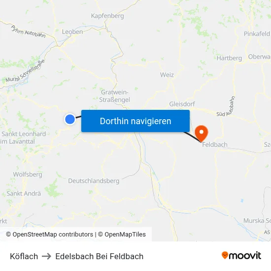 Köflach to Edelsbach Bei Feldbach map