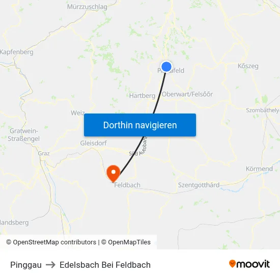 Pinggau to Edelsbach Bei Feldbach map