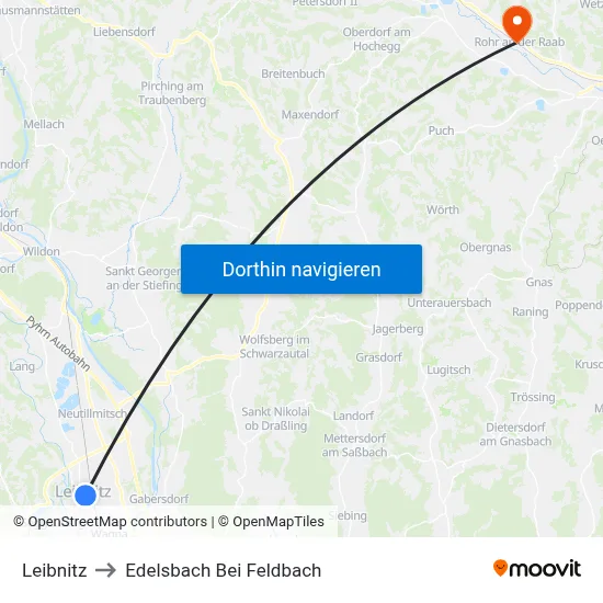 Leibnitz to Edelsbach Bei Feldbach map