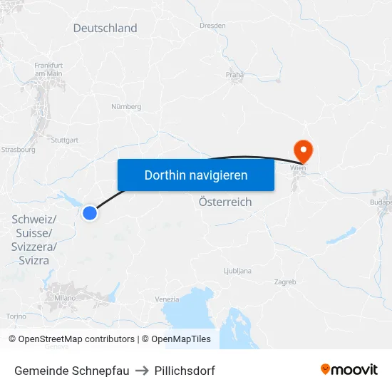 Gemeinde Schnepfau to Pillichsdorf map
