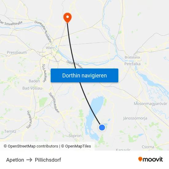 Apetlon to Pillichsdorf map