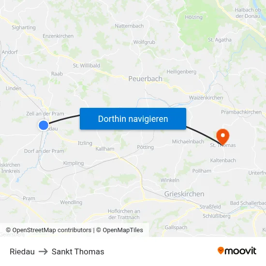 Riedau to Sankt Thomas map