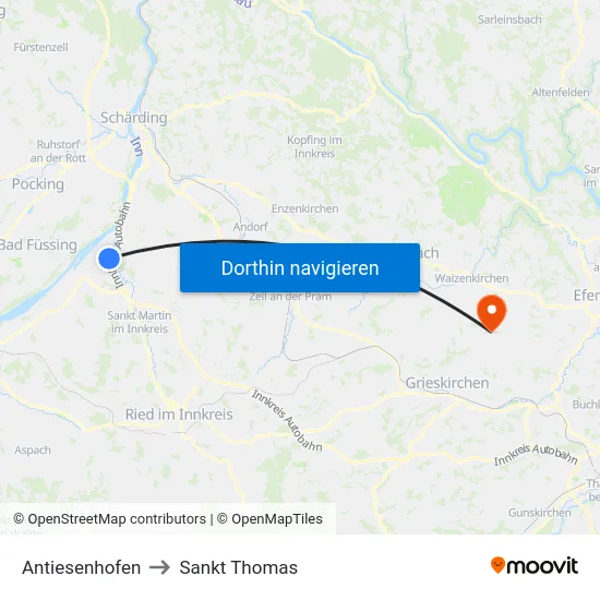 Antiesenhofen to Sankt Thomas map