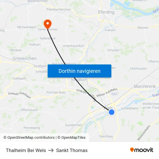 Thalheim Bei Wels to Sankt Thomas map