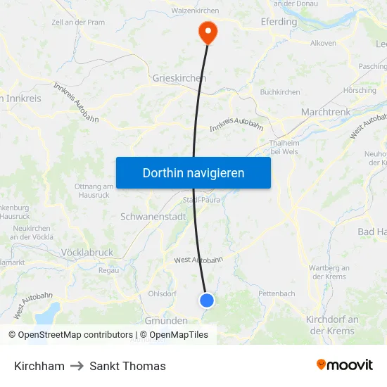 Kirchham to Sankt Thomas map