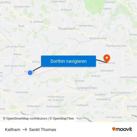 Kallham to Sankt Thomas map
