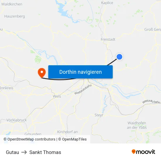 Gutau to Sankt Thomas map