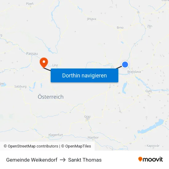 Gemeinde Weikendorf to Sankt Thomas map