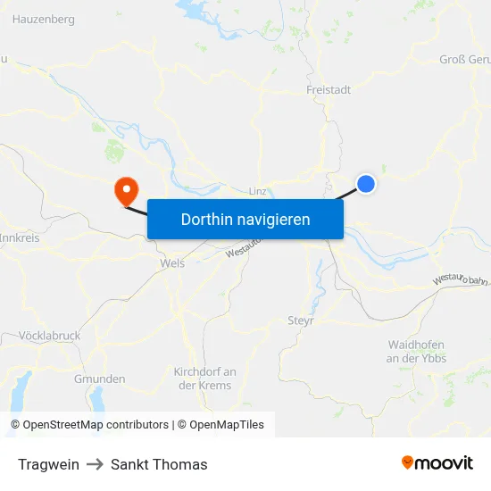 Tragwein to Sankt Thomas map