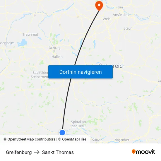 Greifenburg to Sankt Thomas map