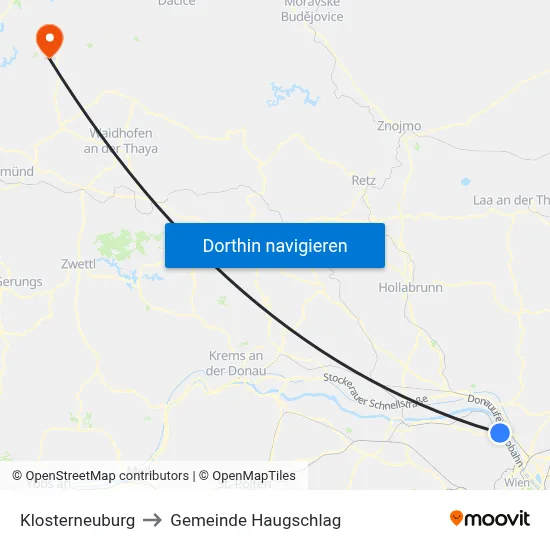 Klosterneuburg to Gemeinde Haugschlag map