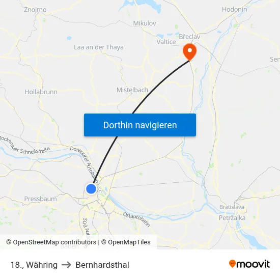 18., Währing to Bernhardsthal map