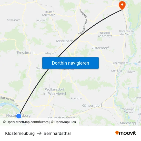 Klosterneuburg to Bernhardsthal map