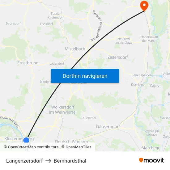 Langenzersdorf to Bernhardsthal map