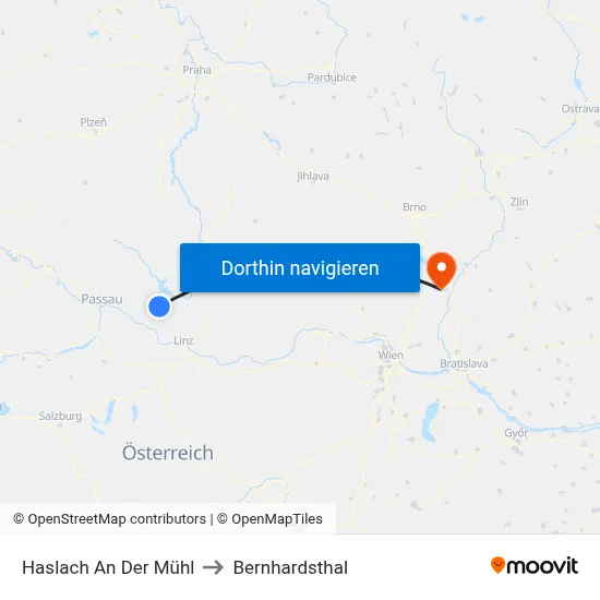 Haslach An Der Mühl to Bernhardsthal map