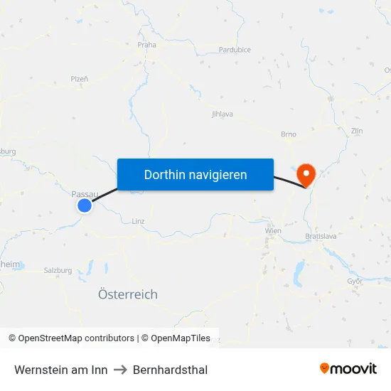 Wernstein am Inn to Bernhardsthal map