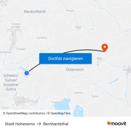 Stadt Hohenems to Bernhardsthal map