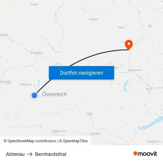 Abtenau to Bernhardsthal map