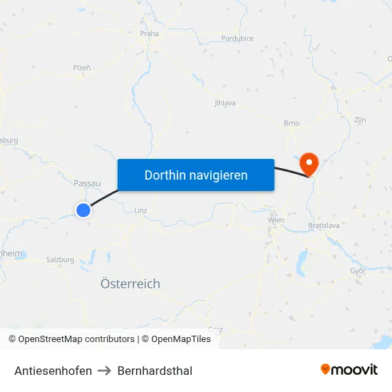 Antiesenhofen to Bernhardsthal map