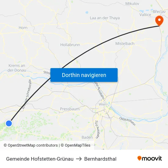Gemeinde Hofstetten-Grünau to Bernhardsthal map