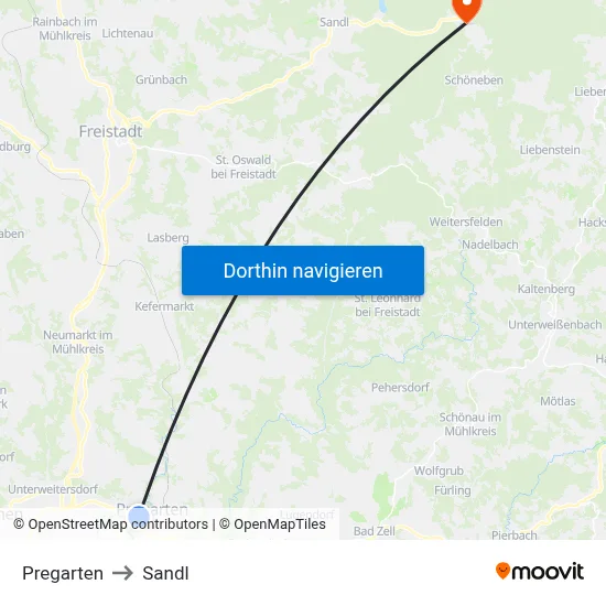 Pregarten to Sandl map