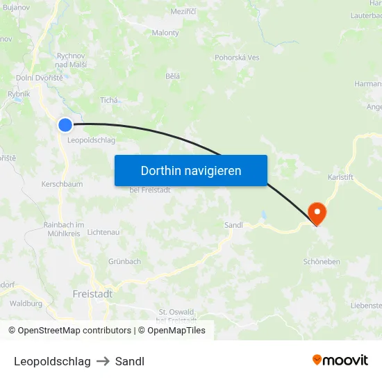 Leopoldschlag to Sandl map