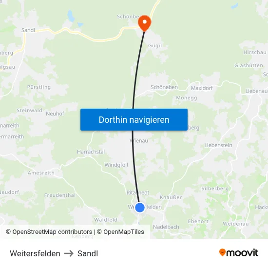 Weitersfelden to Sandl map