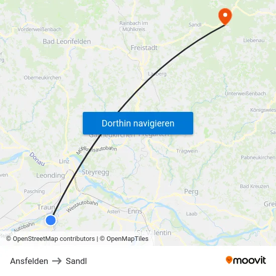 Ansfelden to Sandl map