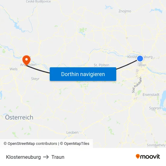 Klosterneuburg to Traun map