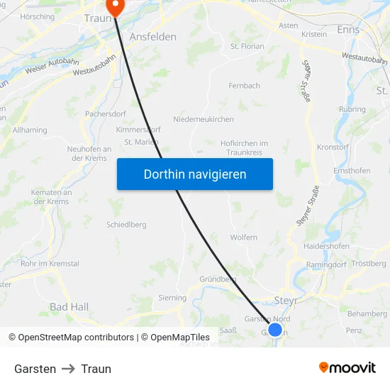 Garsten to Traun map