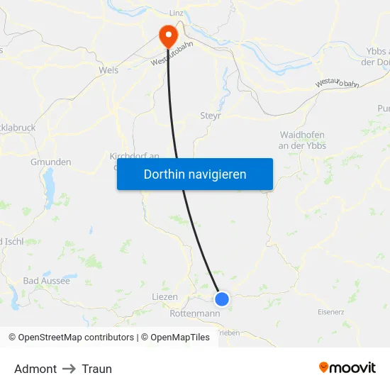 Admont to Traun map
