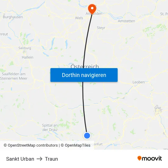 Sankt Urban to Traun map