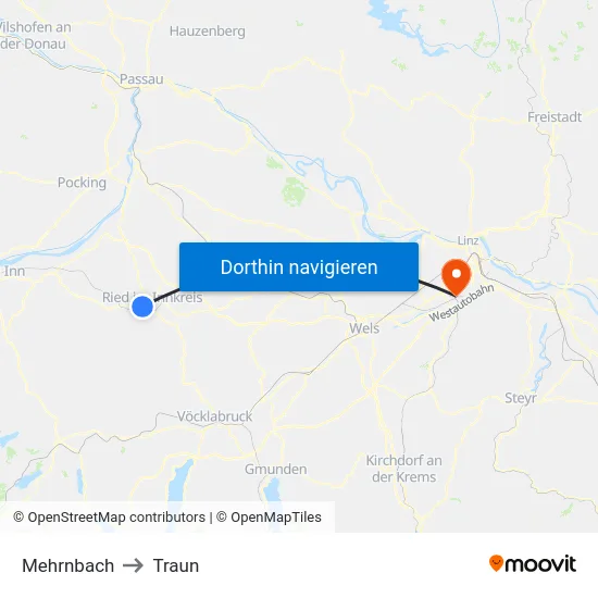 Mehrnbach to Traun map