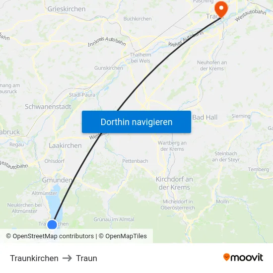 Traunkirchen to Traun map