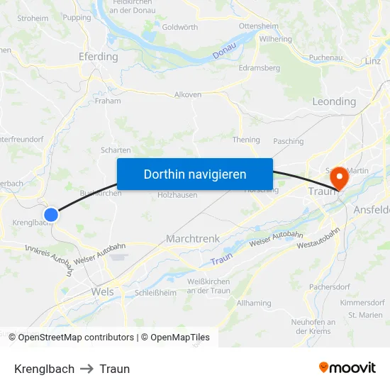 Krenglbach to Traun map