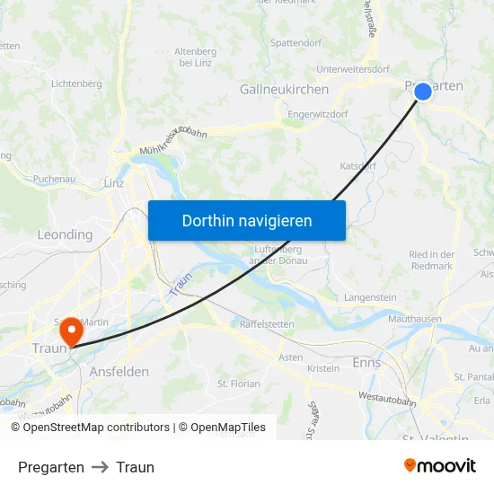Pregarten to Traun map
