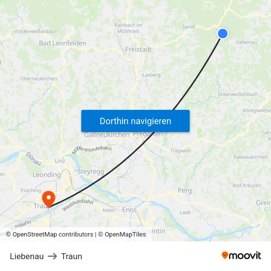 Liebenau to Traun map