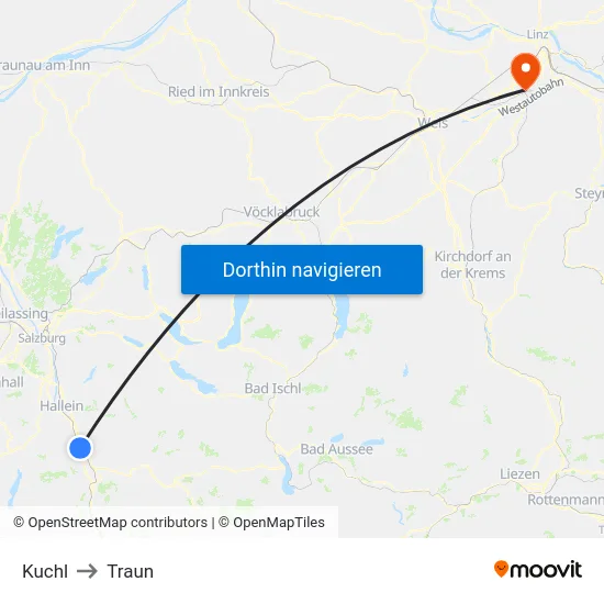 Kuchl to Traun map